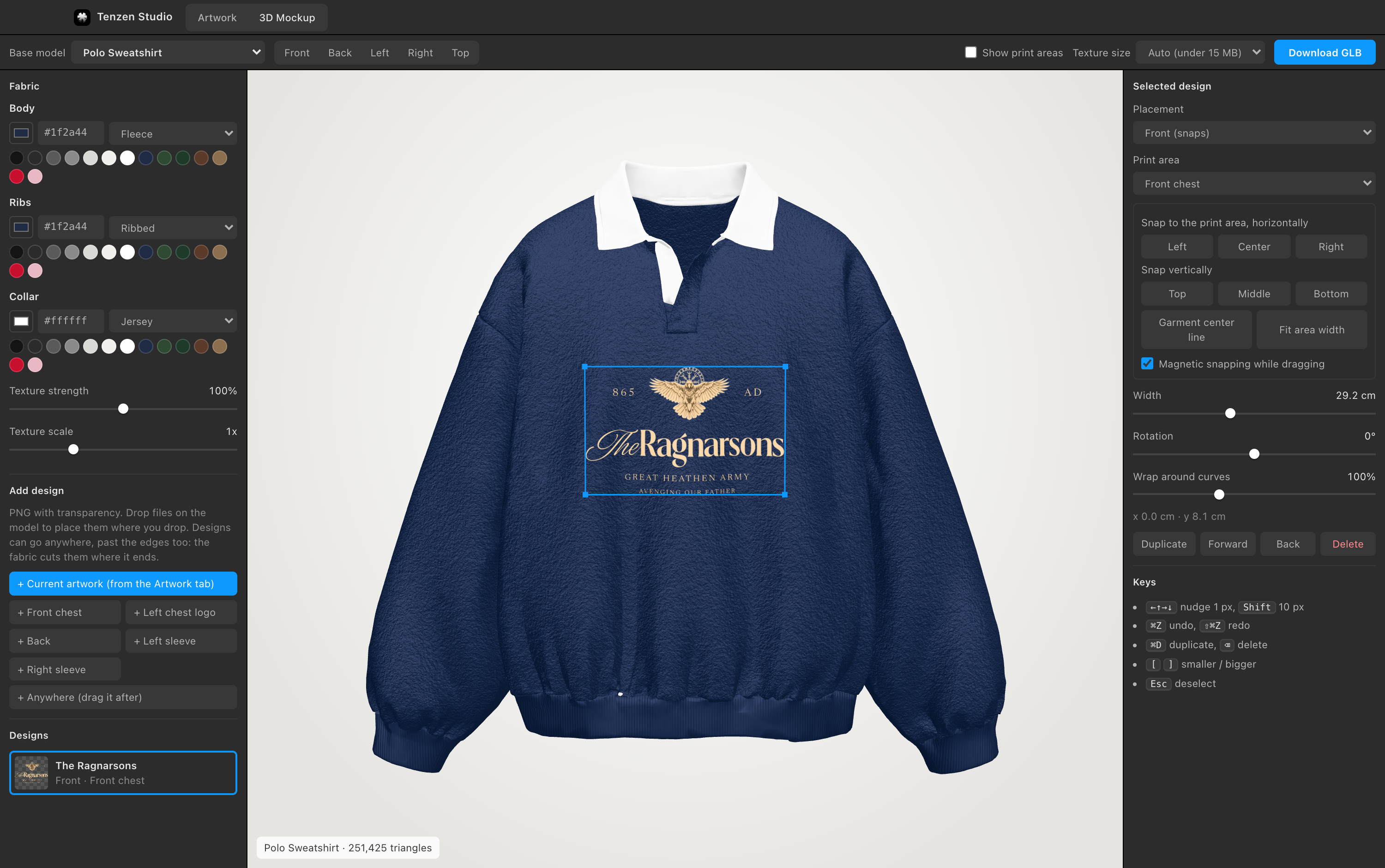 The 3D Mockup tab with a design on a polo sweatshirt